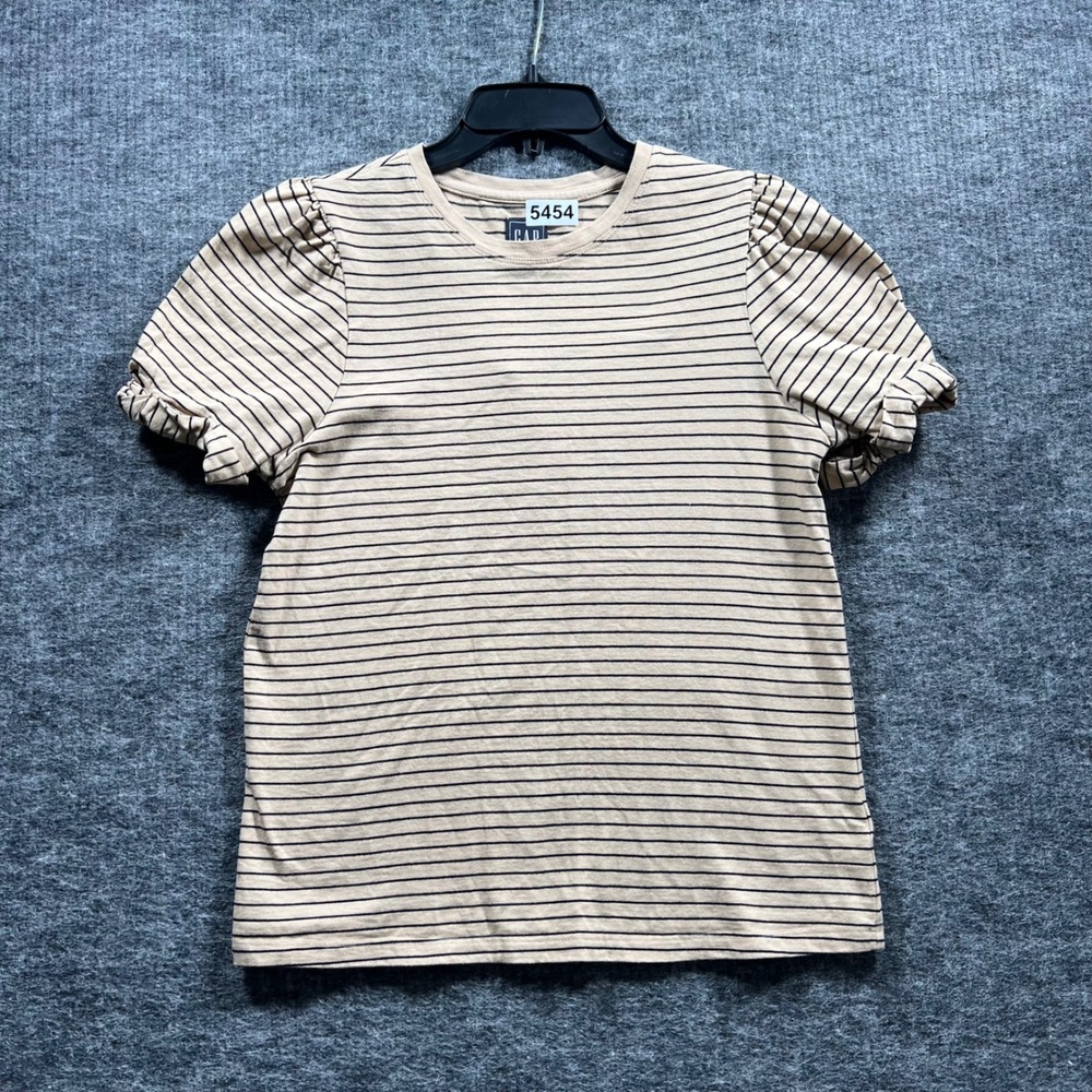 Gap Women Small Tall Puff Sleeve Striped T-Shirt Tan Black Ruffle Cuff